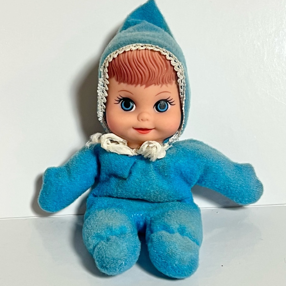 Vintage 1960s Fun World Floppy Tots Bean Bag Baby Doll Blue Retro Toy 7"